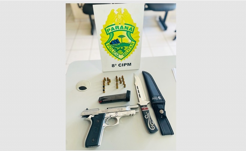 PM de Inácio Martins apreendeu pistola calibre 380 com 18 munições intactas e uma faca