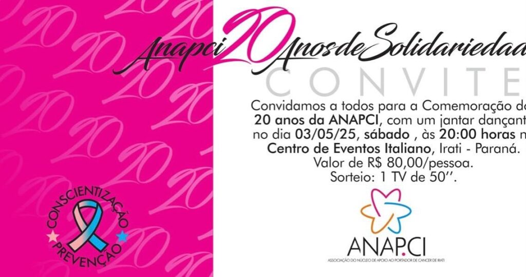 Jantar em comemoração aos 20 anos da ANAPCI será realizado no sábado, a partir das 20 h, no Centro de Eventos Italiano, em Irati