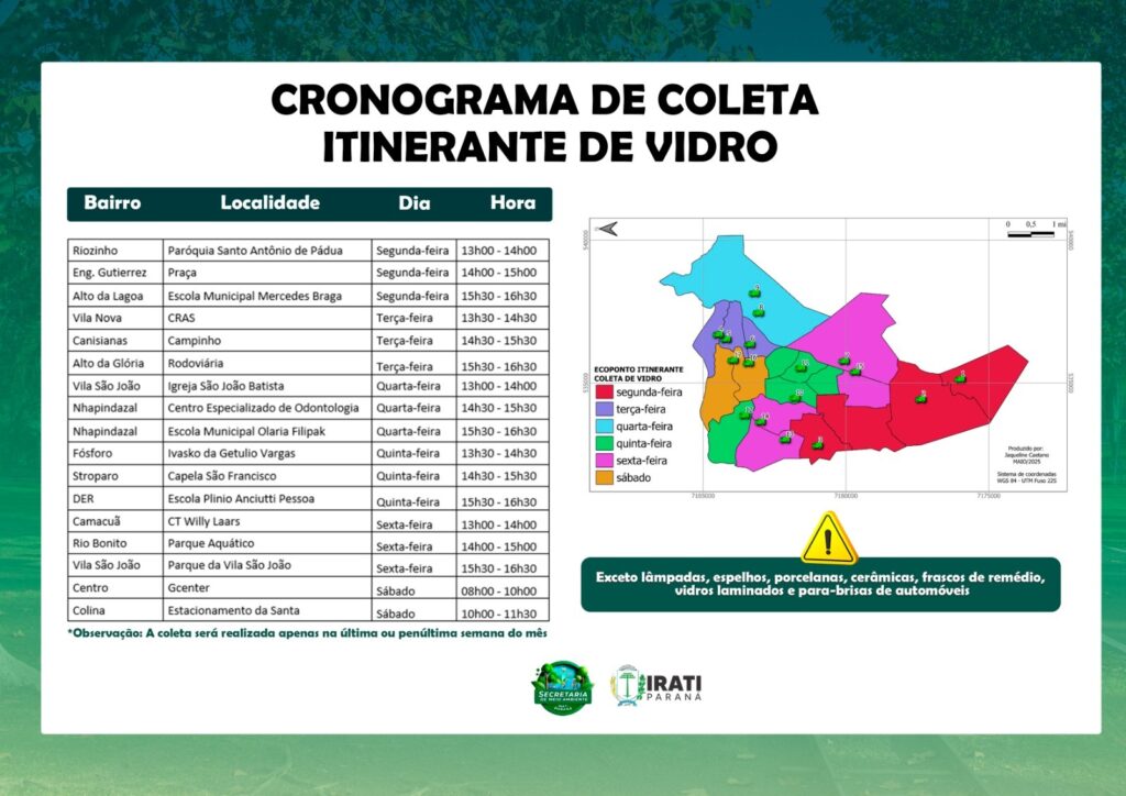 Coleta de itinerante de vidros será feita em pontos fixos de entrega nos bairros