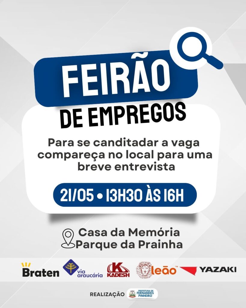 Prefeitura de Fernandes Pinheiro realizará Feirão do Emprego nesta quarta-feira, no Parque da Prainha