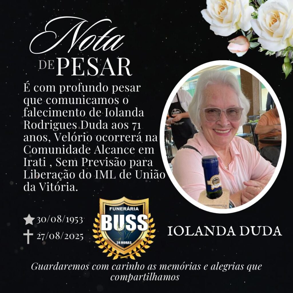 Nota de falecimento de Iolanda Duda, que morreu três dias após acidente na BR-153, em Irati